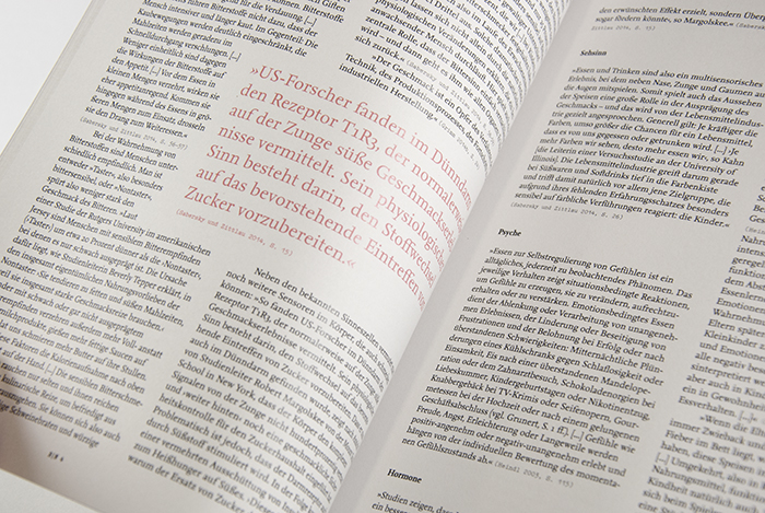 Zwischenzitate lockern den ein- oder zweispaltigen Fließtext im Recherchebuch zum Ernährungsbildungs-Masterprojekt von Johanna Diepenbrock auf.